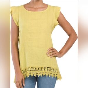 Terzo Millennio Size Large 100% Linen Top Lime Eyelet Sleeve Crochet Boho New
